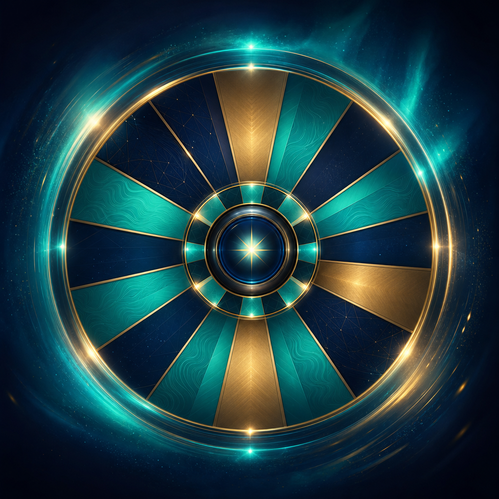 Aurora Circle Wheel -kuvitus pyörivällä teal- ja kultapyörällä